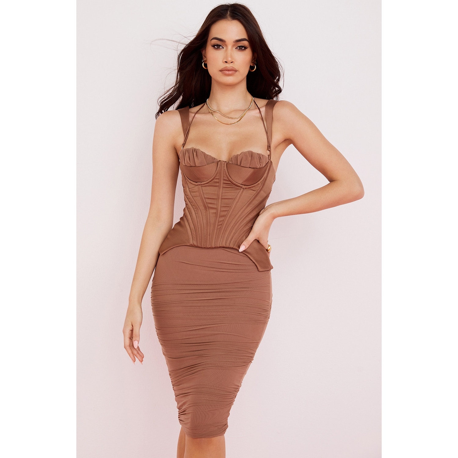 House Of Cb Talya Toffee Corset Midi Dress